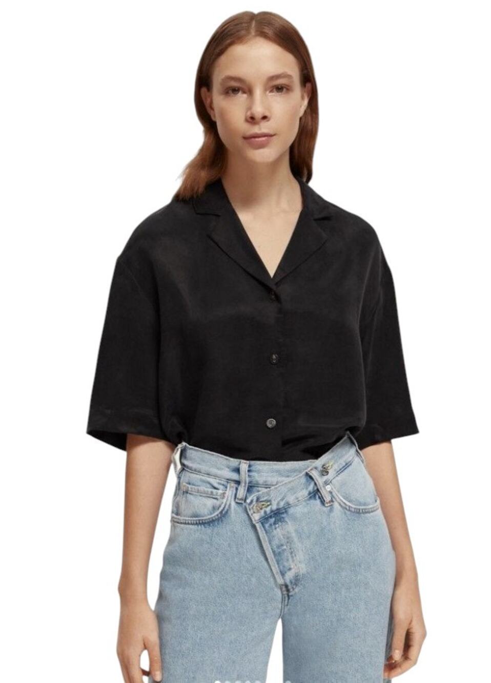 Scotch & Soda Black Linen Short Sleeve Camp Shirt